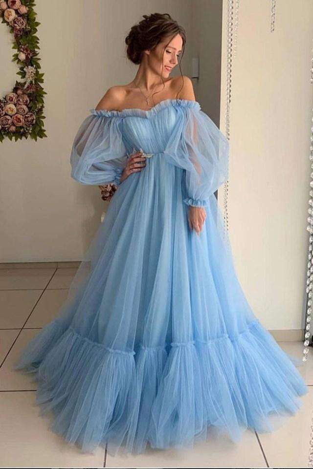 Ball Gown Blue Tulle Prom Dresses, Long ...